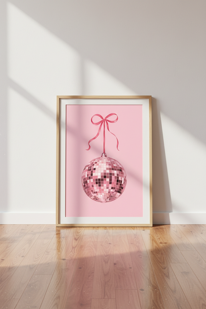 Pink Disco Ball Art Print | Coquette Pink Bow, Preppy Dorm Room Poster