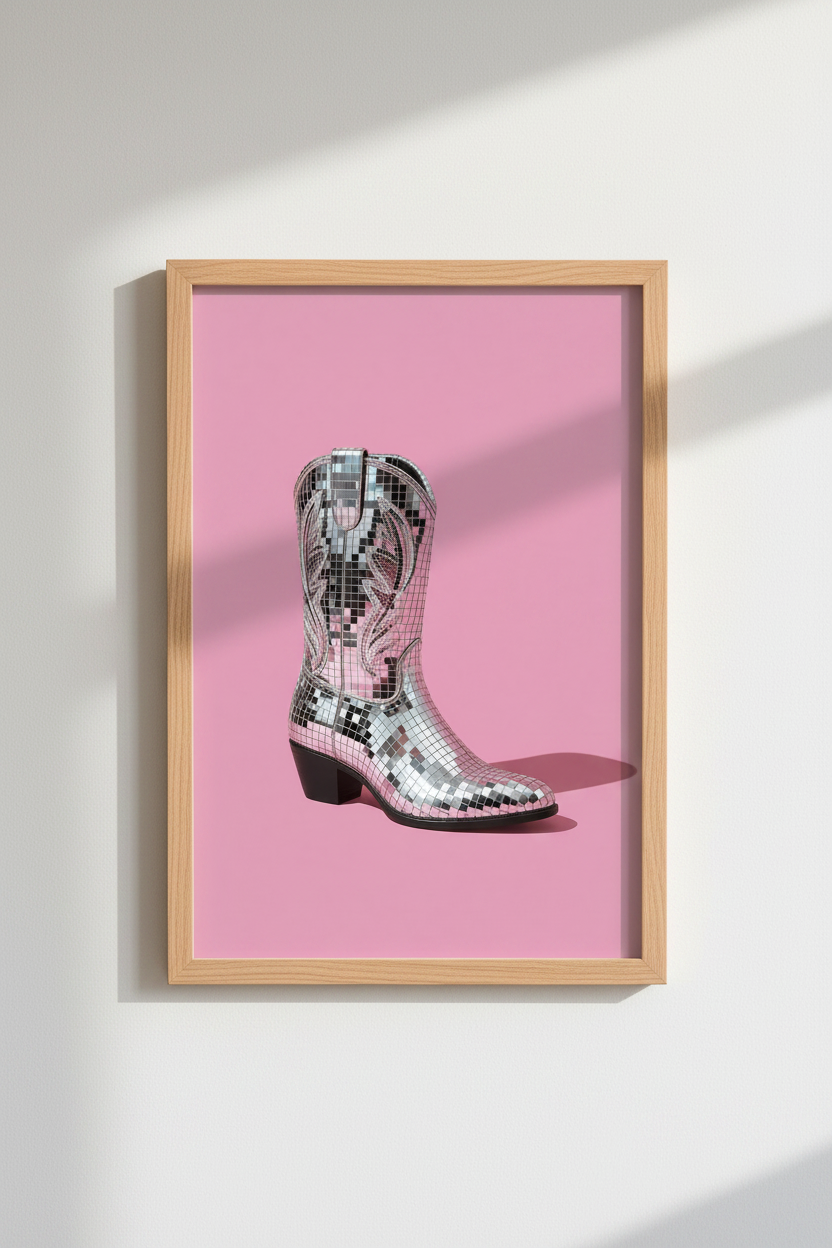 Disco Cowboy Boot Wall Art | Pink Western Decor | Preppy Retro Poster