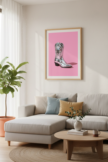 Disco Cowboy Boot Wall Art | Pink Western Decor | Preppy Retro Poster