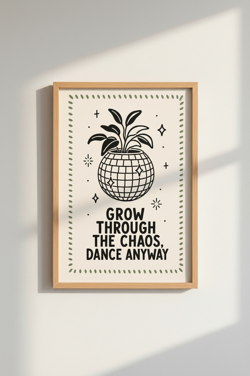 Disco Ball Plant Wall Art | Retro Sage Green Decor | Groovy Botanical Poster