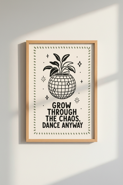 Disco Ball Plant Wall Art | Retro Sage Green Decor | Groovy Botanical Poster