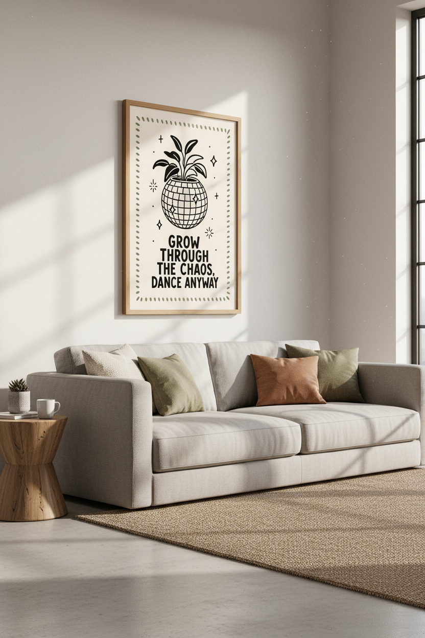 Disco Ball Plant Wall Art | Retro Sage Green Decor | Groovy Botanical Poster