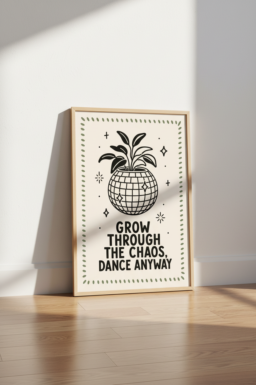 Disco Ball Plant Wall Art | Retro Sage Green Decor | Groovy Botanical Poster