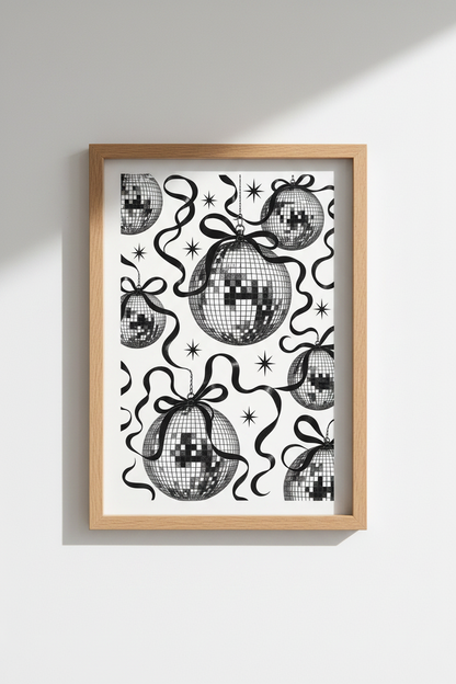 Disco Ball Wall Art Print | Retro Disco Poster, Black White Minimalist Home Decor
