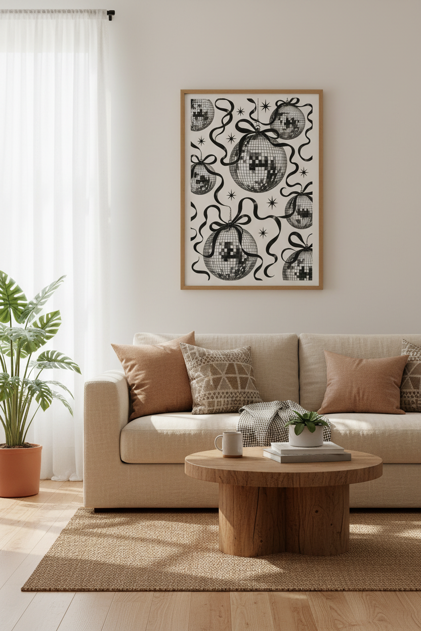 Disco Ball Wall Art Print | Retro Disco Poster, Black White Minimalist Home Decor