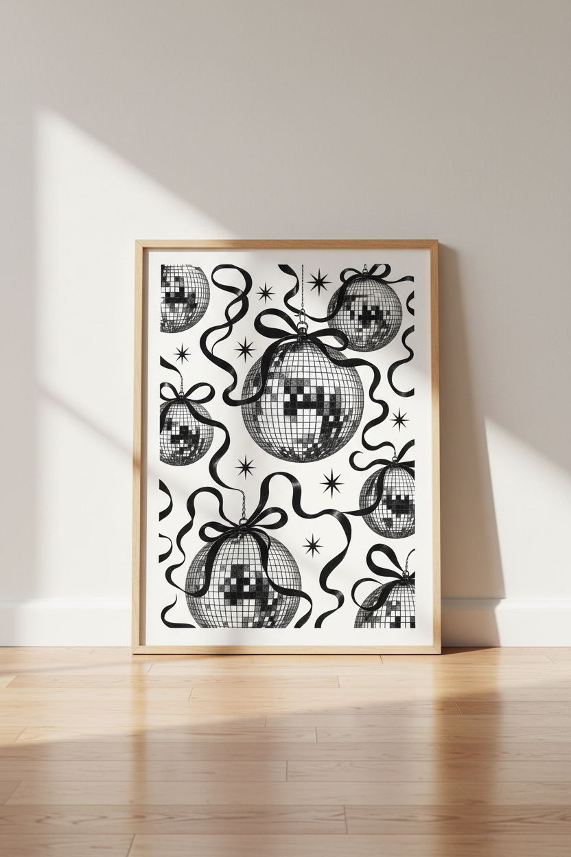 Disco Ball Wall Art Print | Retro Disco Poster, Black White Minimalist Home Decor
