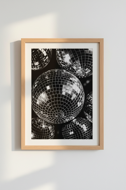 Disco Ball Wall Art | Retro Black and White Poster, Party Aesthetic Dorm Decor