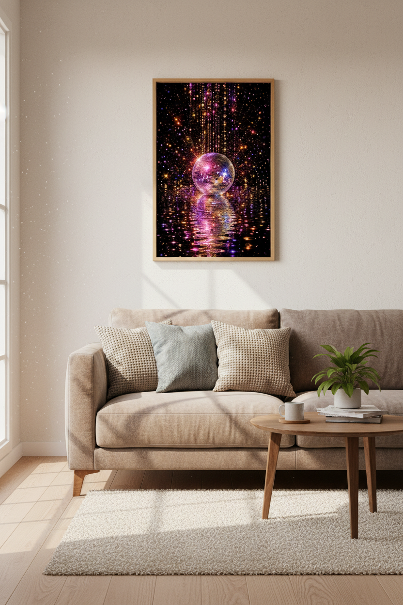Retro Disco Ball Art Print | Pink &amp; Gold Aesthetic | Vibrant Party Decor