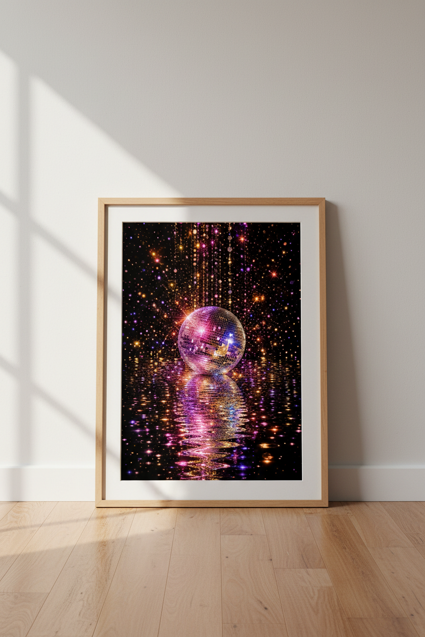 Retro Disco Ball Art Print | Pink &amp; Gold Aesthetic | Vibrant Party Decor