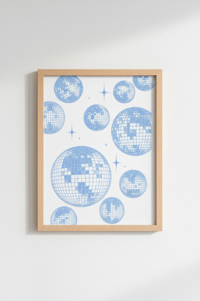 Blue Disco Ball Print | Retro Aesthetic Decor, Pastel Party Poster
