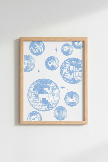 Blue Disco Ball Print | Retro Aesthetic Decor, Pastel Party Poster