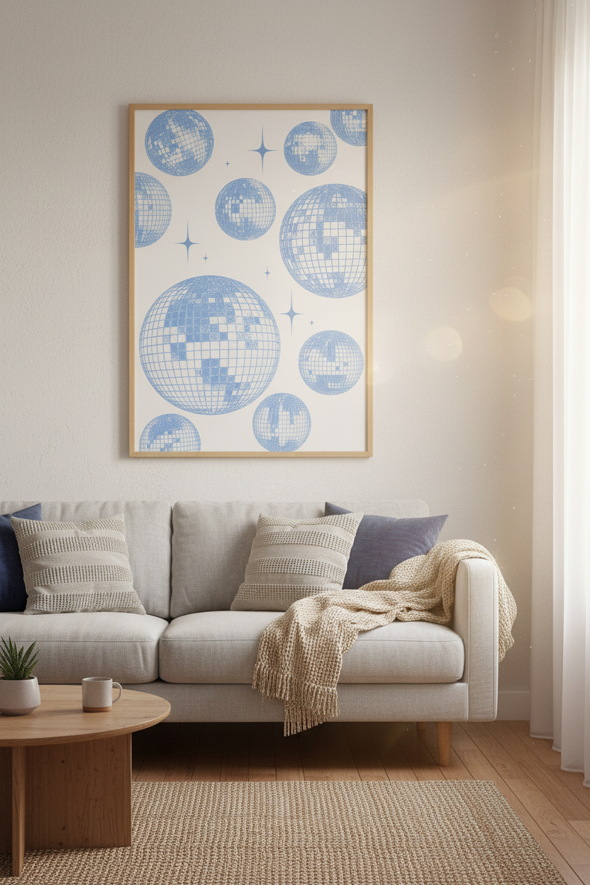 Blue Disco Ball Print | Retro Aesthetic Decor, Pastel Party Poster