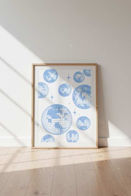 Blue Disco Ball Print | Retro Aesthetic Decor, Pastel Party Poster