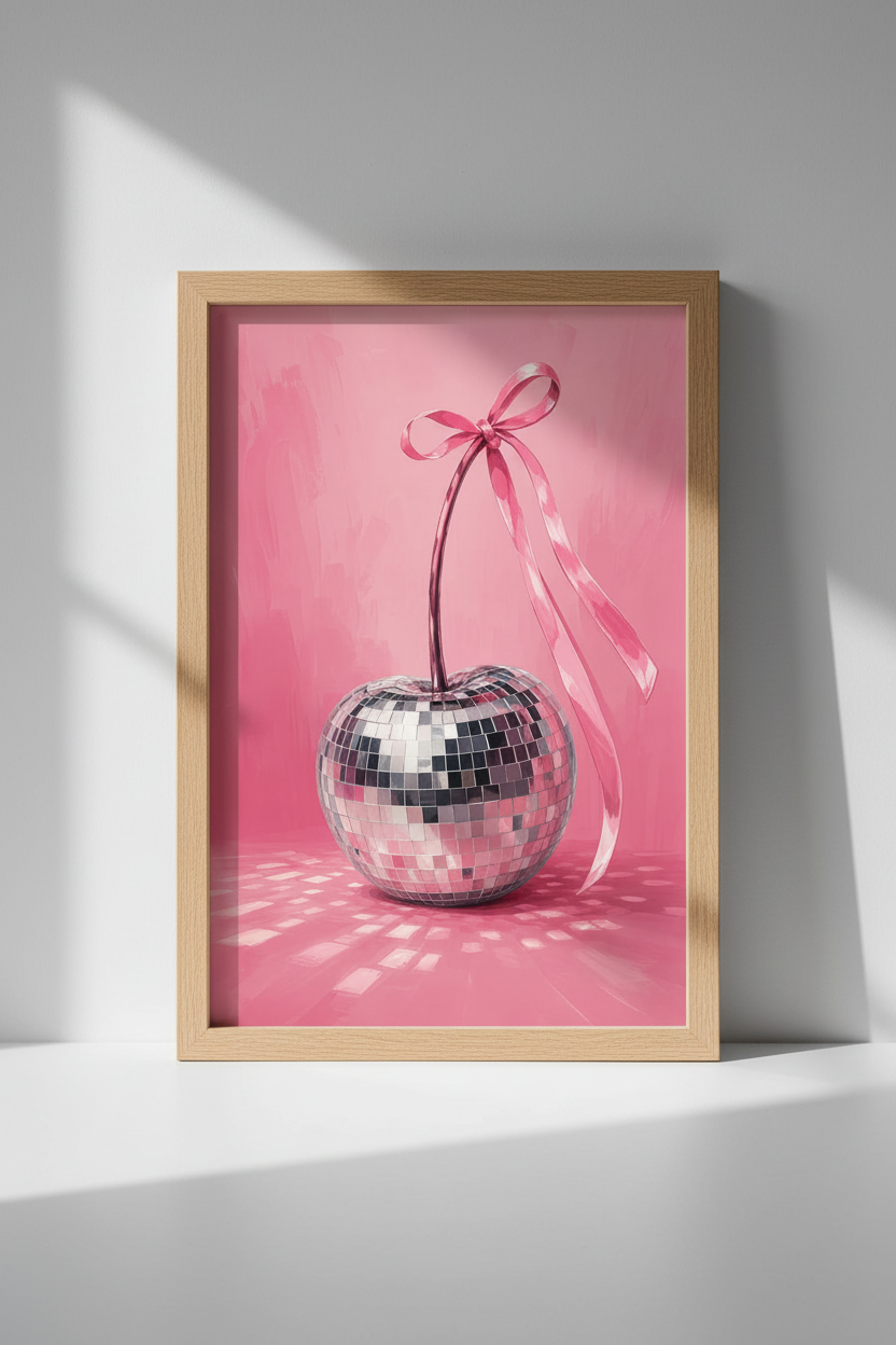 Pink Disco Cherry Wall Art Print | Preppy Coquette Decor | Girly Retro Poster