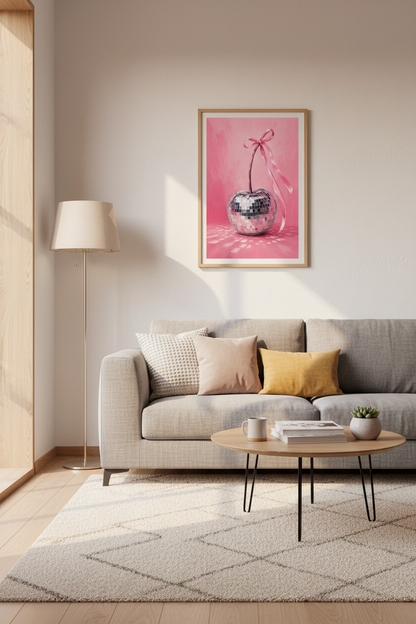 Pink Disco Cherry Wall Art Print | Preppy Coquette Decor | Girly Retro Poster