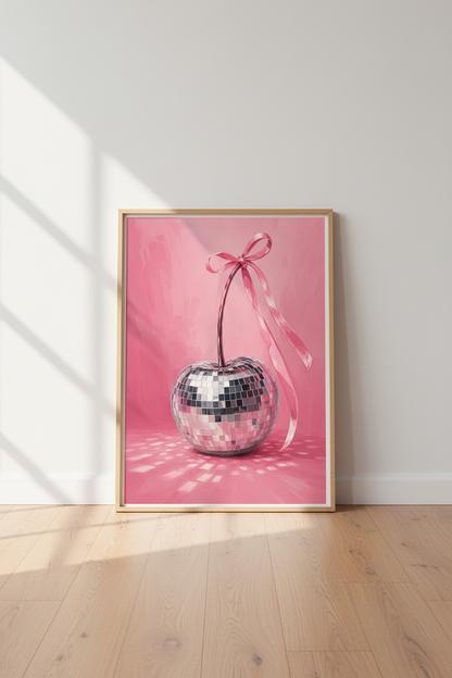 Pink Disco Cherry Wall Art Print | Preppy Coquette Decor | Girly Retro Poster