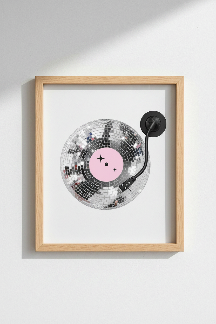 Pink Disco Ball Art Print | Retro Vinyl Record Poster | Trendy Preppy Room Decor