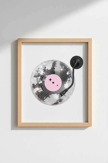 Pink Disco Ball Art Print | Retro Vinyl Record Poster | Trendy Preppy Room Decor