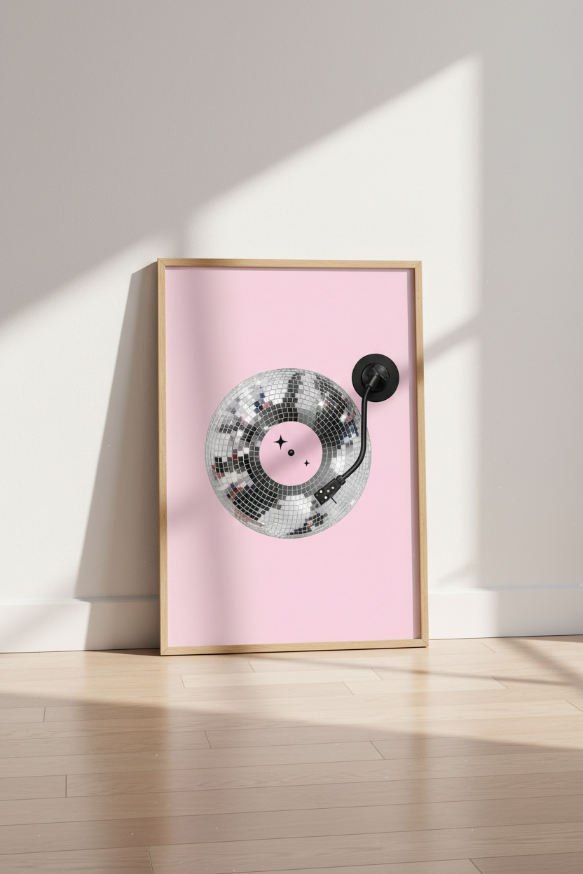Pink Disco Ball Art Print | Retro Vinyl Record Poster | Trendy Preppy Room Decor