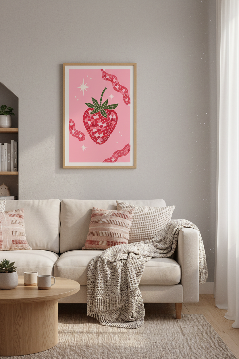 Mosaic Strawberry Wall Art | Pink Retro Fruit Poster, Kitchen &amp; Dorm Decor