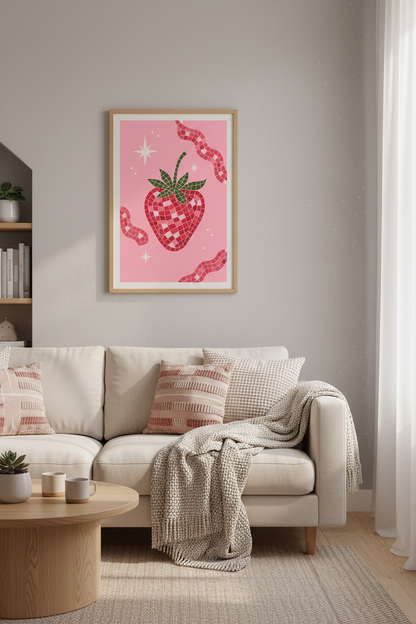 Mosaic Strawberry Wall Art | Pink Retro Fruit Poster, Kitchen &amp; Dorm Decor