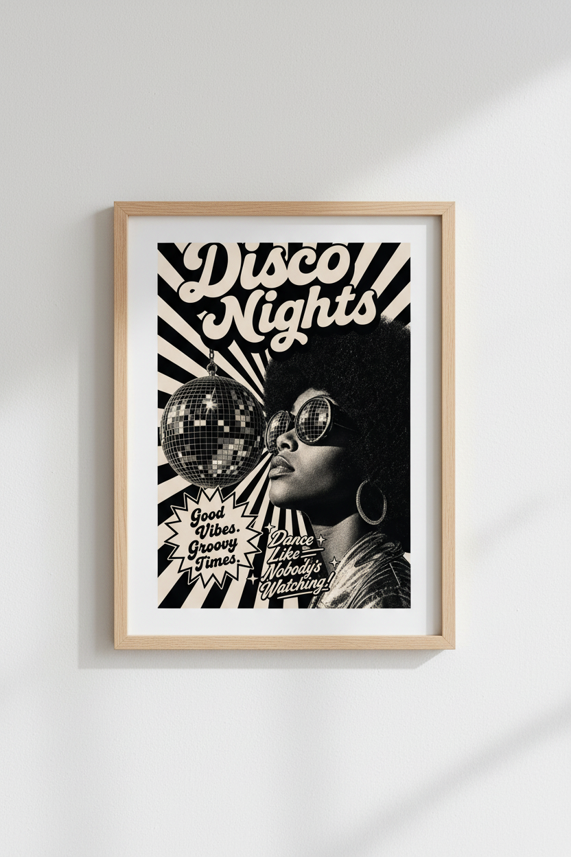 Disco Nights Retro Wall Art | Black and Cream 70s Poster, Music Room Decor