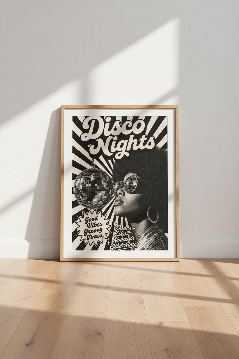 Disco Nights Retro Wall Art | Black and Cream 70s Poster, Music Room Decor