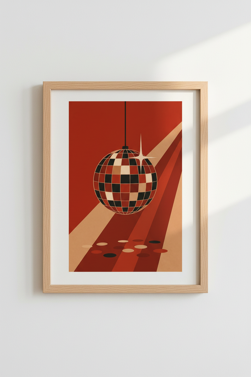 Retro Disco Ball Wall Art | Red &amp; Cream 70s Aesthetic | Modern Bar Decor Print