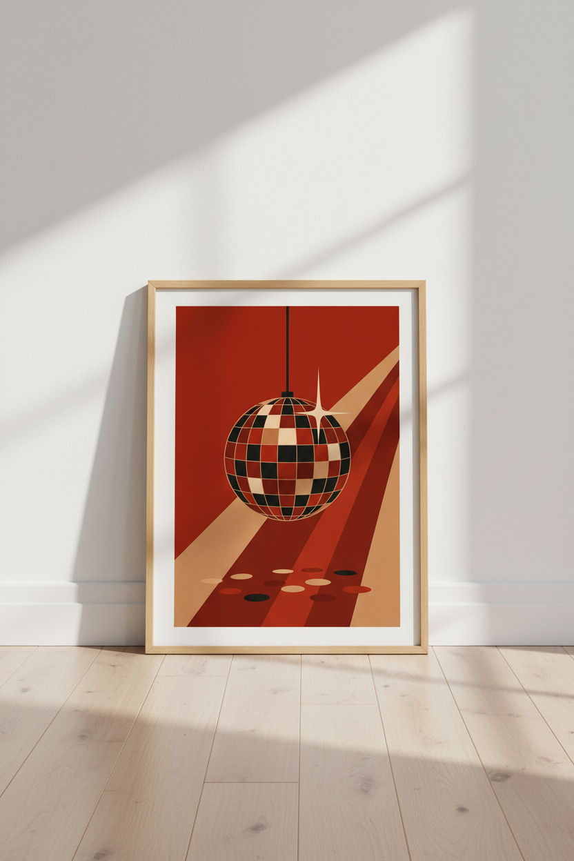 Retro Disco Ball Wall Art | Red &amp; Cream 70s Aesthetic | Modern Bar Decor Print