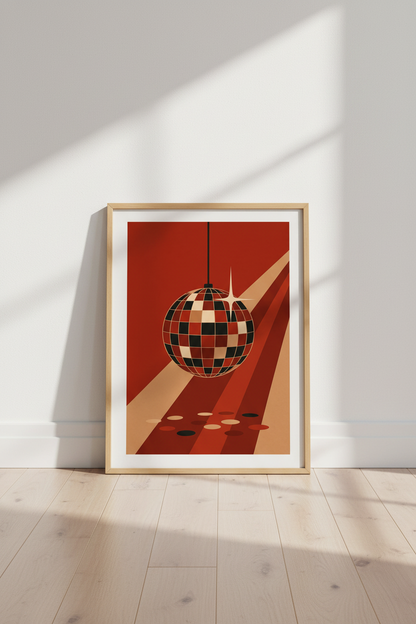 Retro Disco Ball Wall Art | Red &amp; Cream 70s Aesthetic | Modern Bar Decor Print