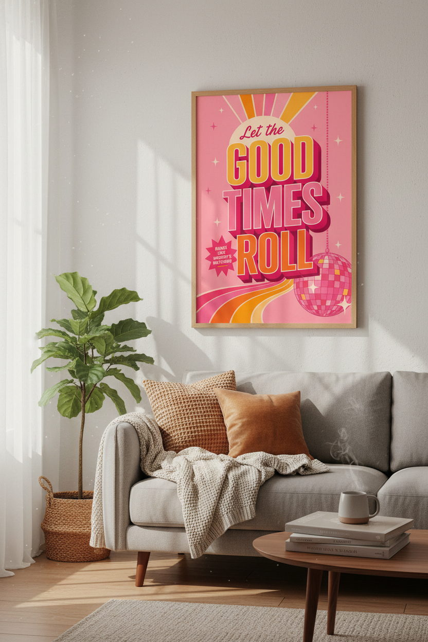 Let The Good Times Roll Retro Wall Art | Pink Disco Decor | Groovy Poster