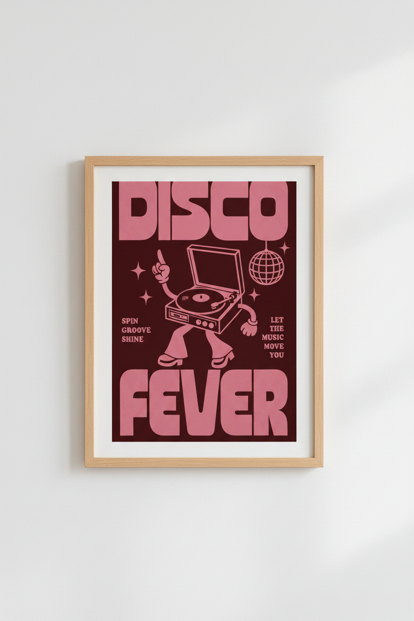 Retro Disco Fever Wall Art | Pink Record Player Poster | Groovy Music Decor