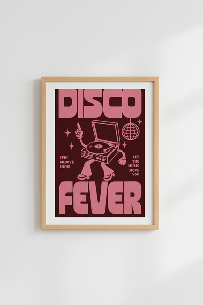 Retro Disco Fever Wall Art | Pink Record Player Poster | Groovy Music Decor