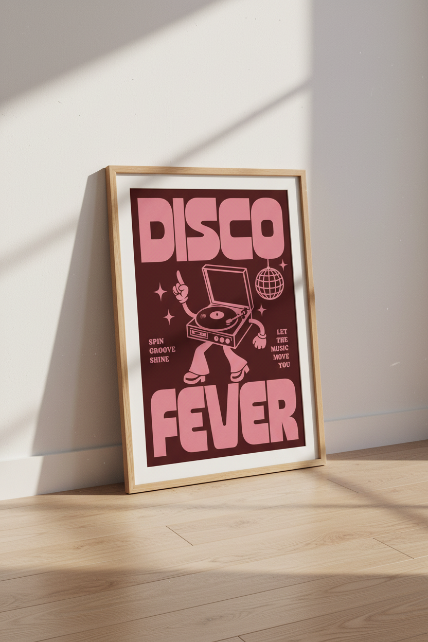 Retro Disco Fever Wall Art | Pink Record Player Poster | Groovy Music Decor