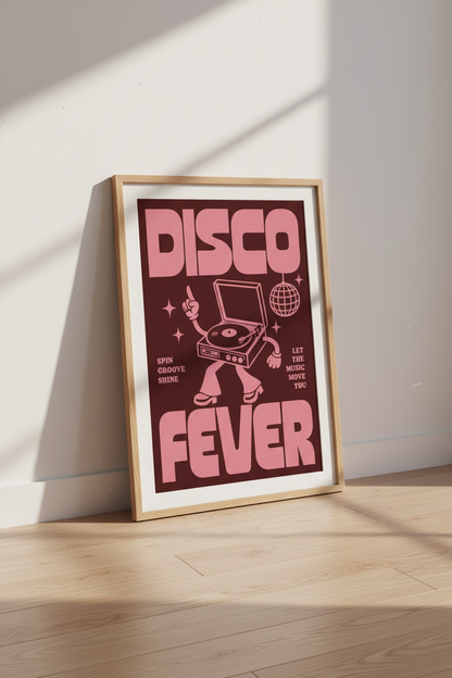 Retro Disco Fever Wall Art | Pink Record Player Poster | Groovy Music Decor