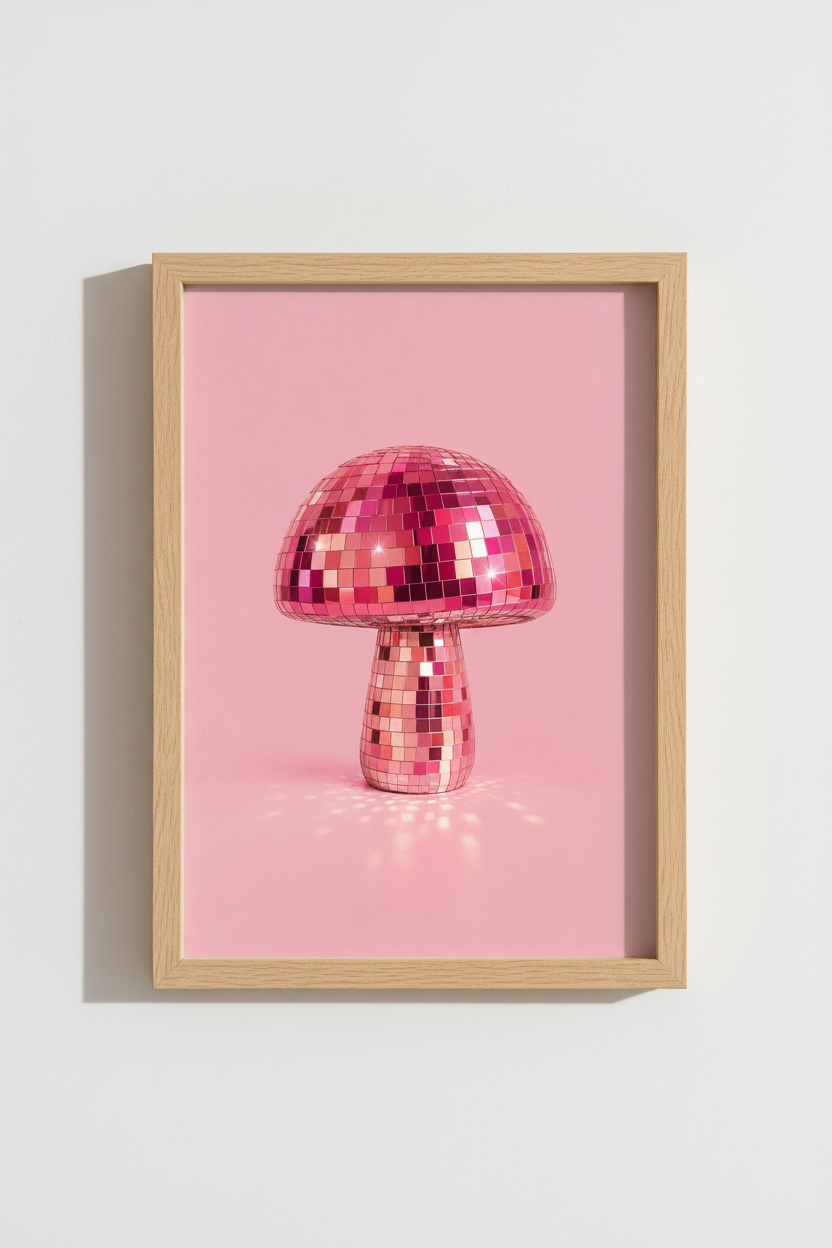Disco Mushroom Print | Pink Retro Wall Art, Preppy Room Decor Aesthetic Poster