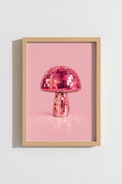Disco Mushroom Print | Pink Retro Wall Art, Preppy Room Decor Aesthetic Poster