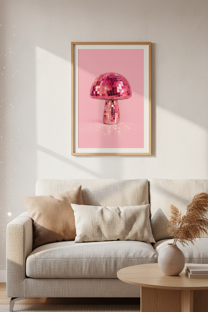 Disco Mushroom Print | Pink Retro Wall Art, Preppy Room Decor Aesthetic Poster