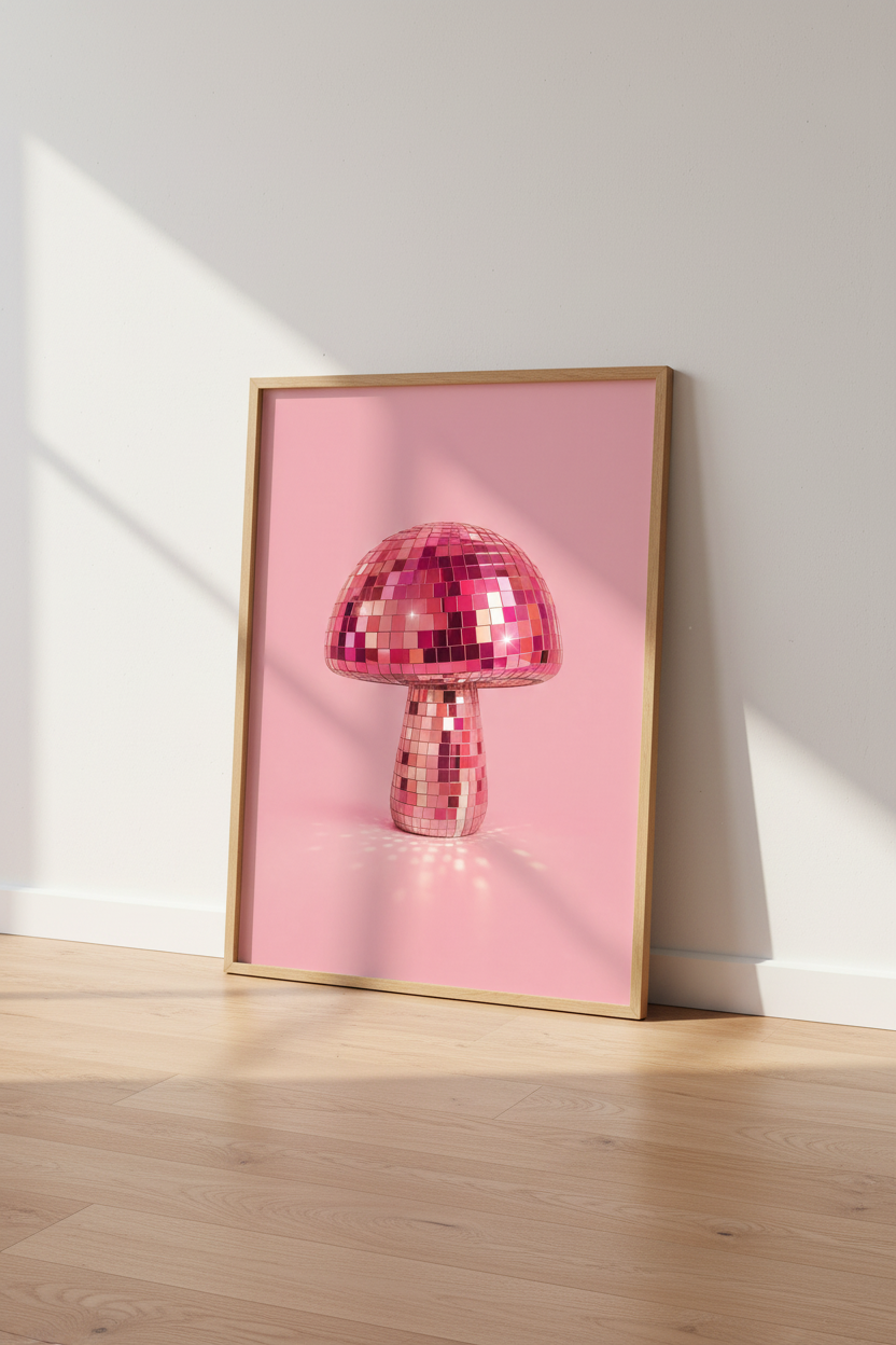Disco Mushroom Print | Pink Retro Wall Art, Preppy Room Decor Aesthetic Poster