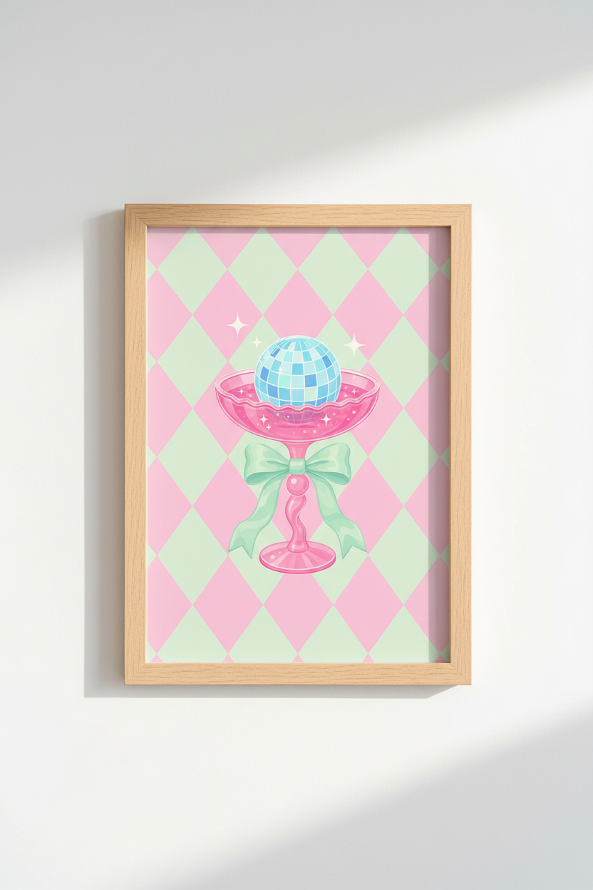 Coquette Disco Ball Print | Pastel Pink &amp; Mint Retro Decor | Girly Aesthetic Poster