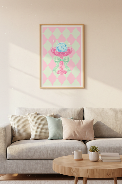 Coquette Disco Ball Print | Pastel Pink &amp; Mint Retro Decor | Girly Aesthetic Poster