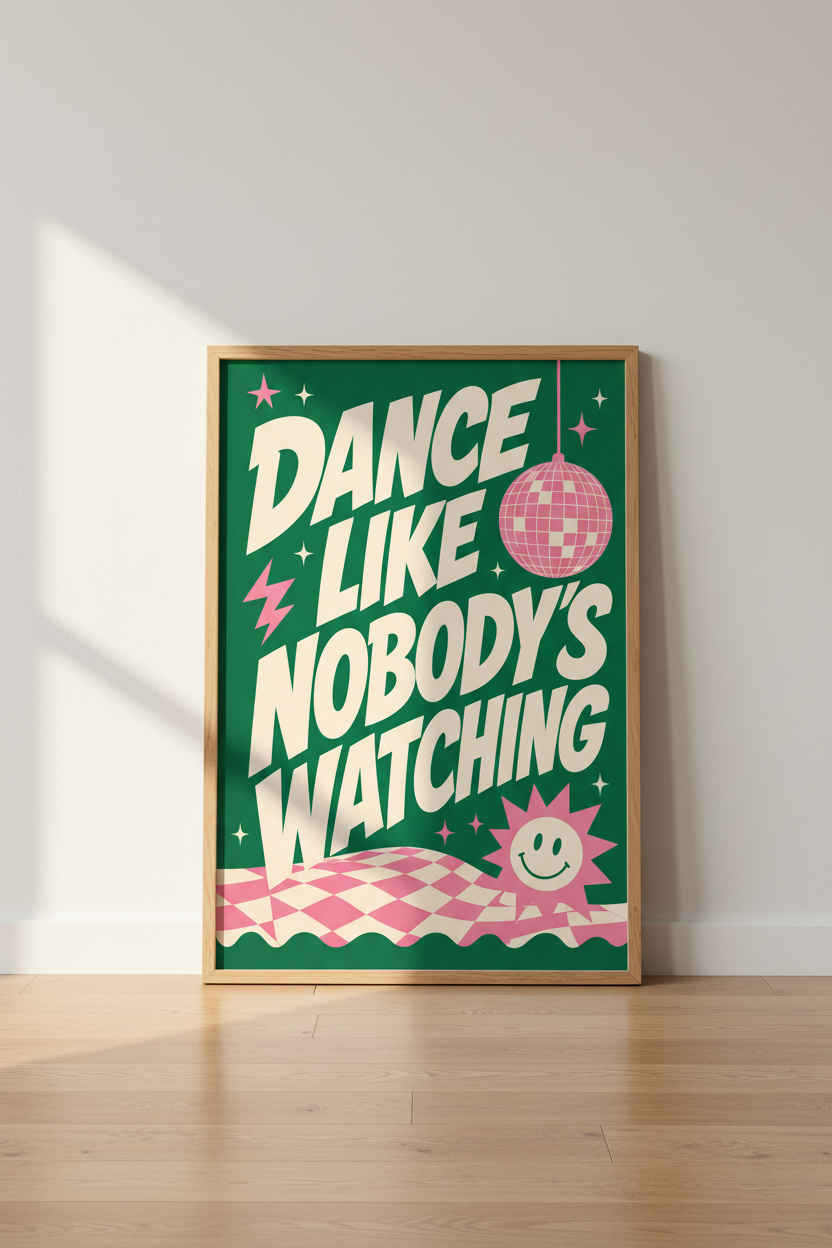 Retro Disco Ball Wall Art | Green &amp; Pink Quote Poster | Funky Preppy Dorm Decor