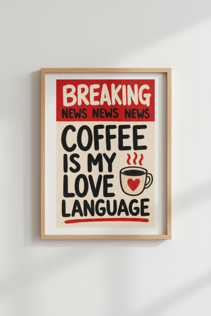 Coffee Love Language Art | Retro Red News Poster, Kitchen Decor