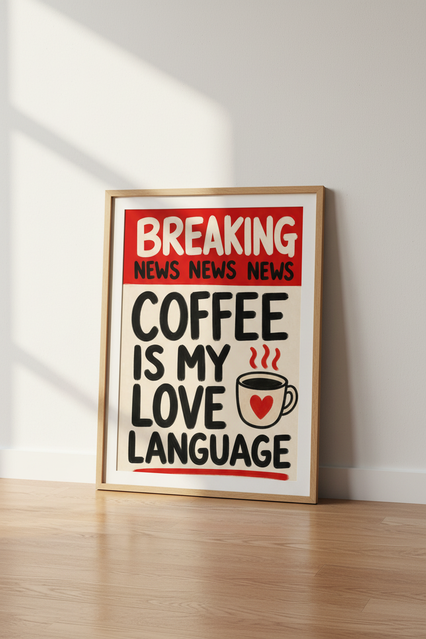 Coffee Love Language Art | Retro Red News Poster, Kitchen Decor