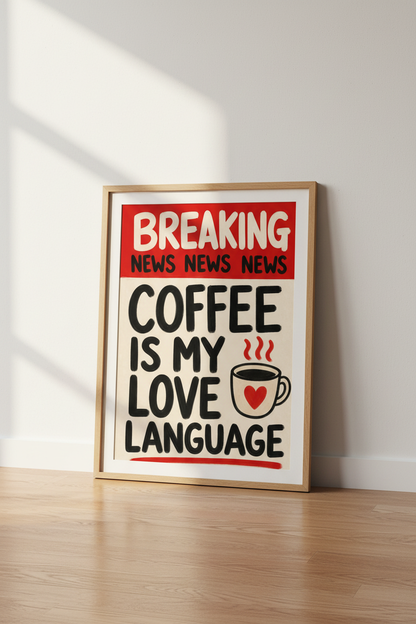 Coffee Love Language Art | Retro Red News Poster, Kitchen Decor