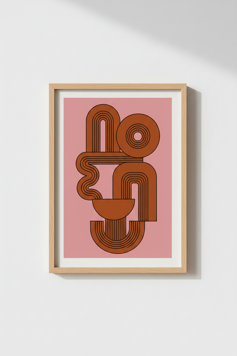 Abstract Geometric Wall Art | Rust &amp; Pink Retro Shapes, Modern Living Room Decor
