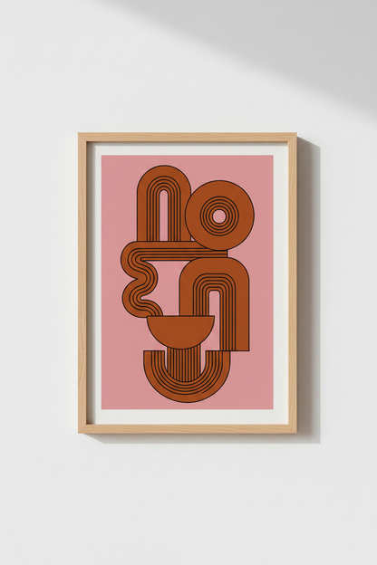 Abstract Geometric Wall Art | Rust &amp; Pink Retro Shapes, Modern Living Room Decor