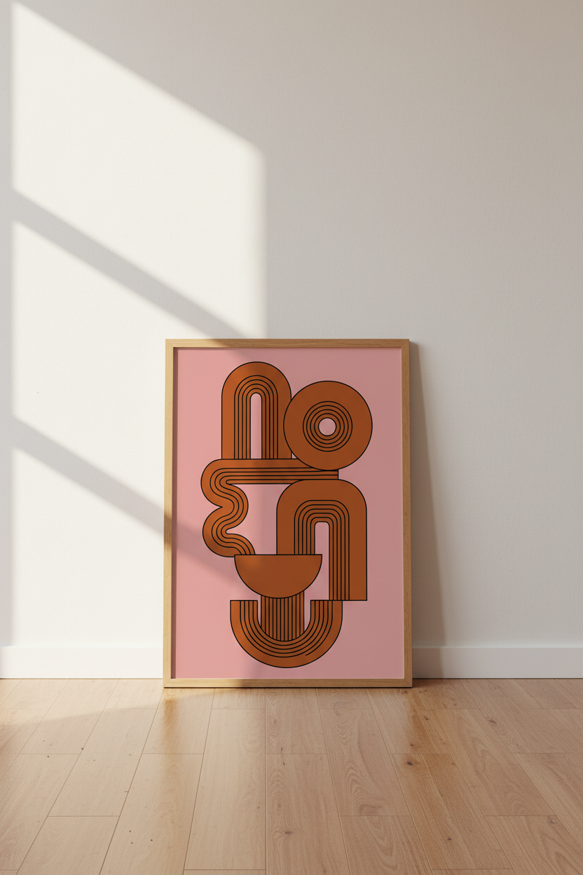 Abstract Geometric Wall Art | Rust &amp; Pink Retro Shapes, Modern Living Room Decor
