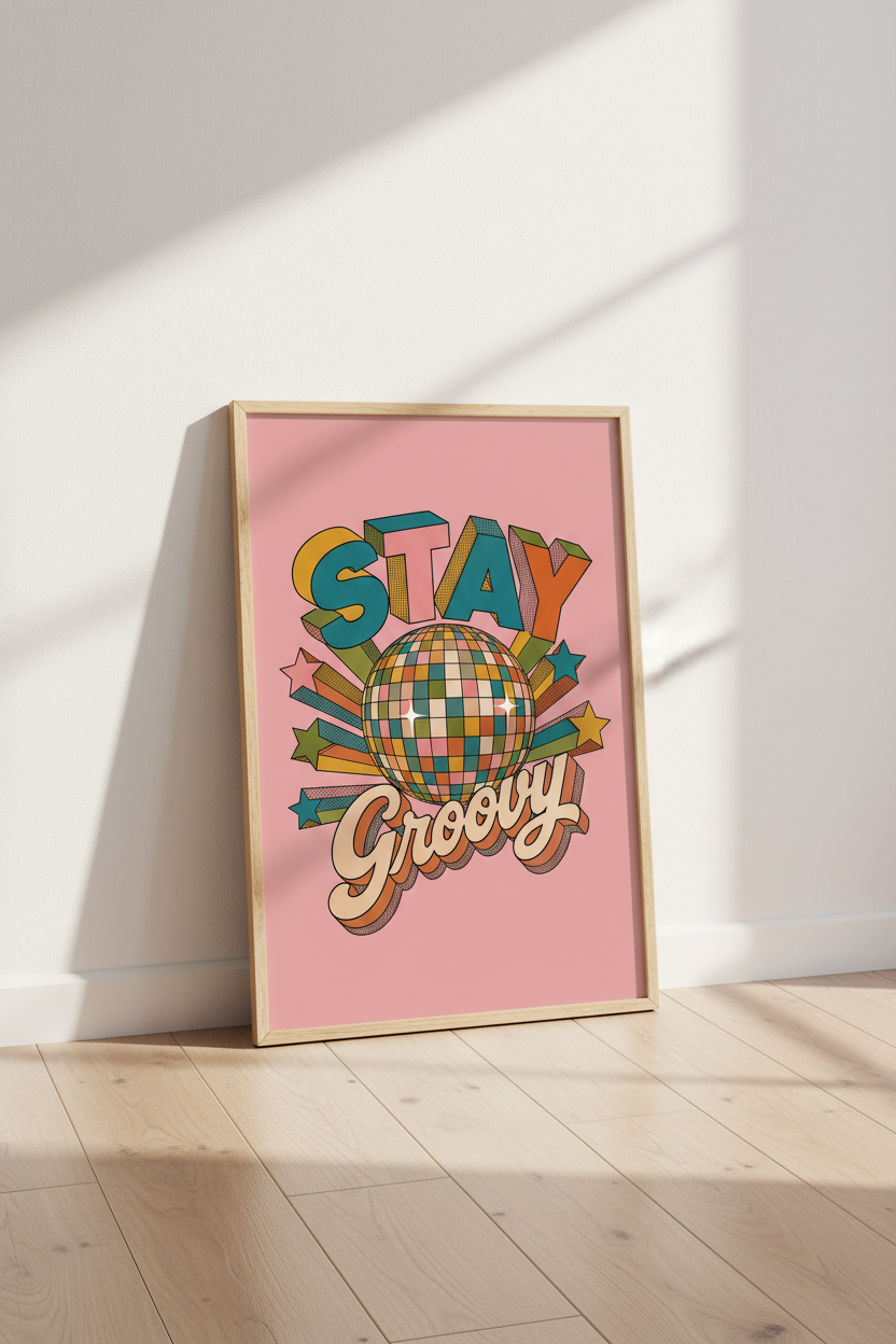 Stay Groovy Disco Ball Wall Art | Pink Retro Decor | 70s Aesthetic Poster