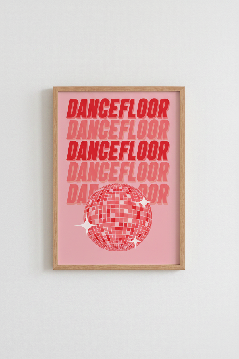 Retro Disco Ball Wall Art | Pink Typography Poster, Dorm Room Decor